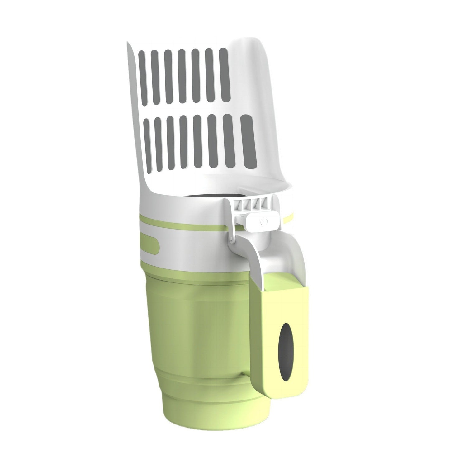 Green kitchen tool with a white spatula on a white background