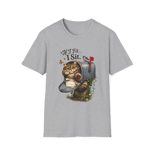 An gray short-sleeve crewneck t-shirt featuring a graphic print of a tabby cat sitting inside a blue mailbox with the text 'If I Fit... I Sit'