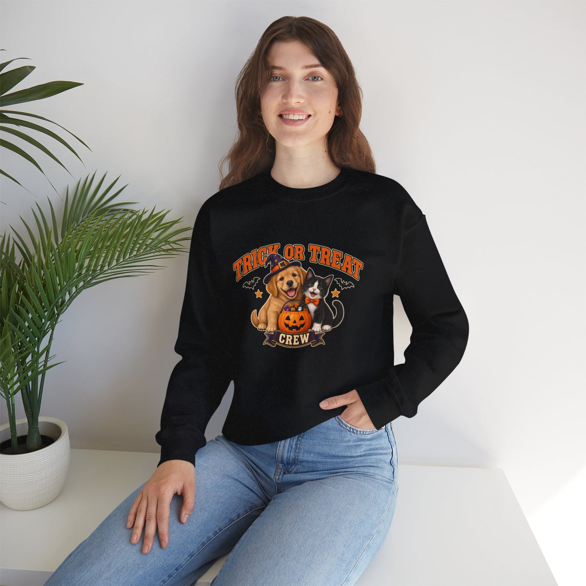 Trick or Treat Crew Halloween puppy and kitten sweatshirt in black