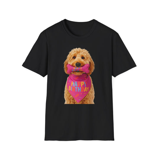 Black t-shirt with a dog graphic wearing a 'Happy Birthday' bandana on a white background