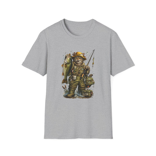 Grey short-sleeve crewneck t-shirt featuring a graphic print of a cat fisherman holding a fishing pole and a fishing