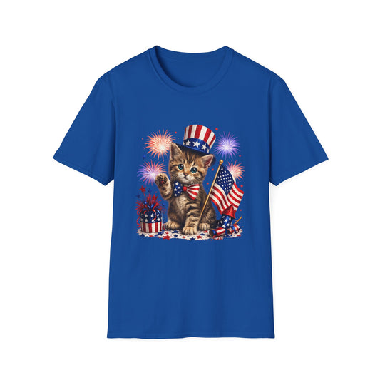 Blue t-shirt with a kitten wearing an American flag hat and holding a flag on a white background