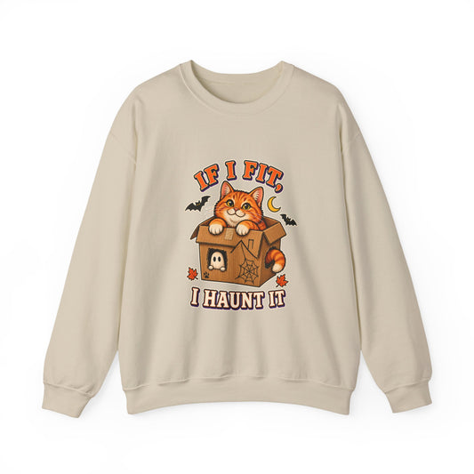 If I Fit I Haunt It Halloween cat sweatshirt in sand
Orange tabby in haunted cardboard box on Halloween sweatshirt