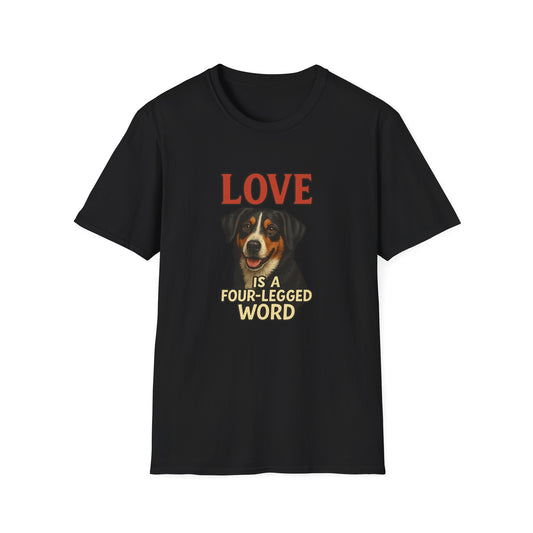 Black t-shirt with colorful text on a white background