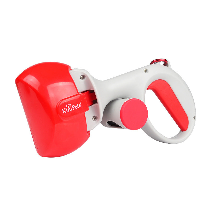 Red and white pet leash with KimPet's logo on a white background