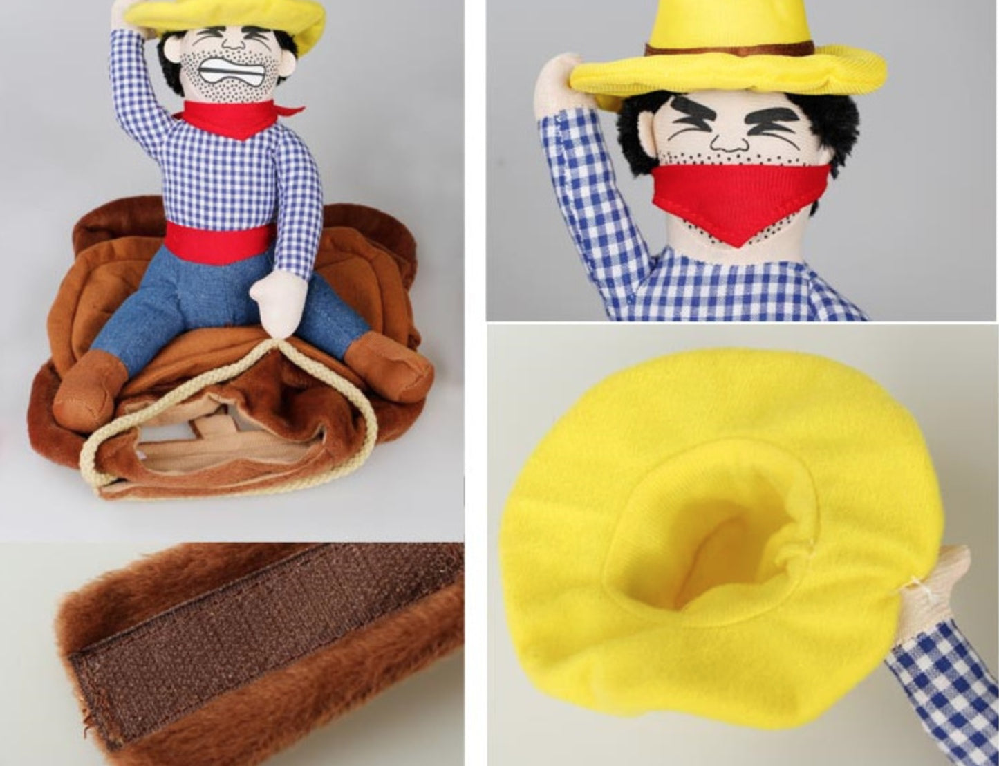 Collage of a plush toy cowboy figure with a yellow hat, brown saddle, and checkered shirt.
