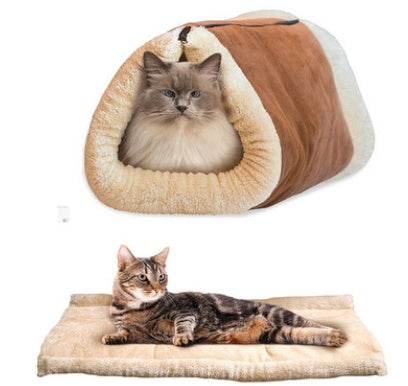 Two cats on a plush pet cave and mat with a white background