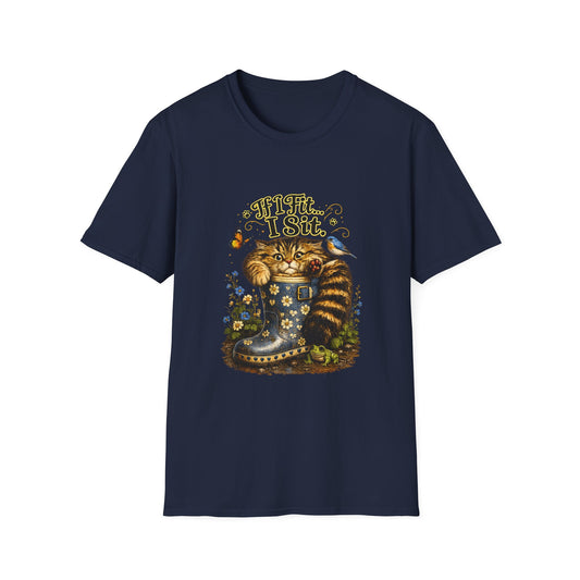A navy crewneck t-shirt featuring a detailed graphic print of a cat lounging inside a cookie jar filled with cookies, with the text 'If I Fit... I Sit' above it.