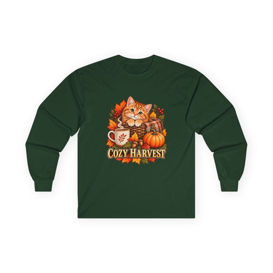Forest green long-sleeve T-shirt with a Cozy Harvest kitten, pumpkin, coffee mug and colorful fall leaves design