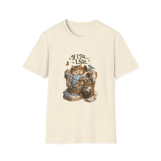 An off-white crewneck t-shirt featuring a vintage-style graphic of a cat sitting in a laundry basket with the text 'If I Fit...I Sit'