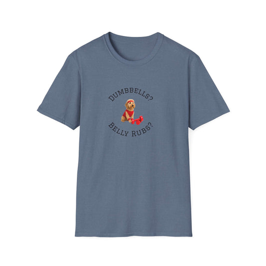 Goldendoodle Dog Lover Workout Tee – “Belly Rubs or Dumbbells?” showcasing a cute pup and playful text.