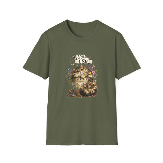 Military green short-sleeve crewneck t-shirt featuring a vintage-style graphic print of a flower pot with a sleeping cat with a blue bird and the text 'If I Fit... I Sit' on the front, displayed against a solid white background.