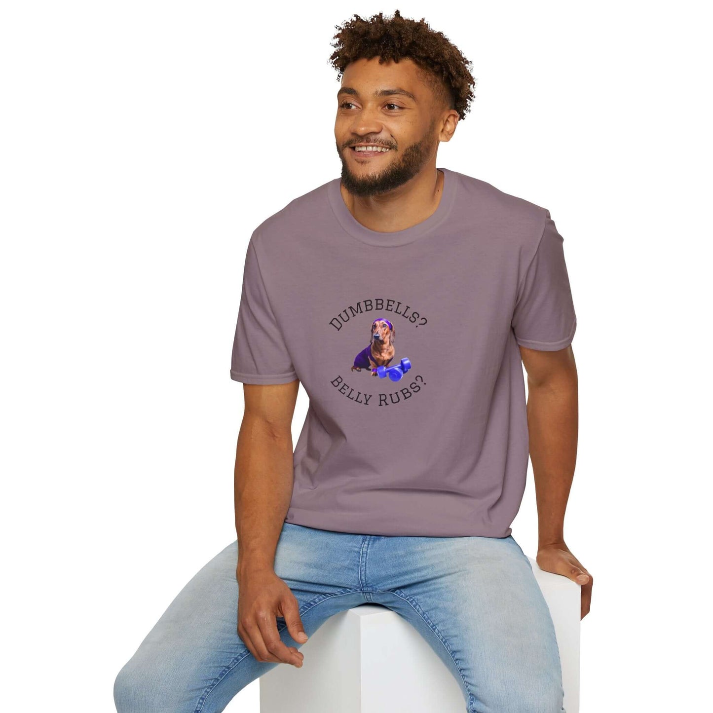 Dumbbells or Belly Rubs Dachshund Funny T-Shirt featuring a man in a cute dog-themed workout tee.