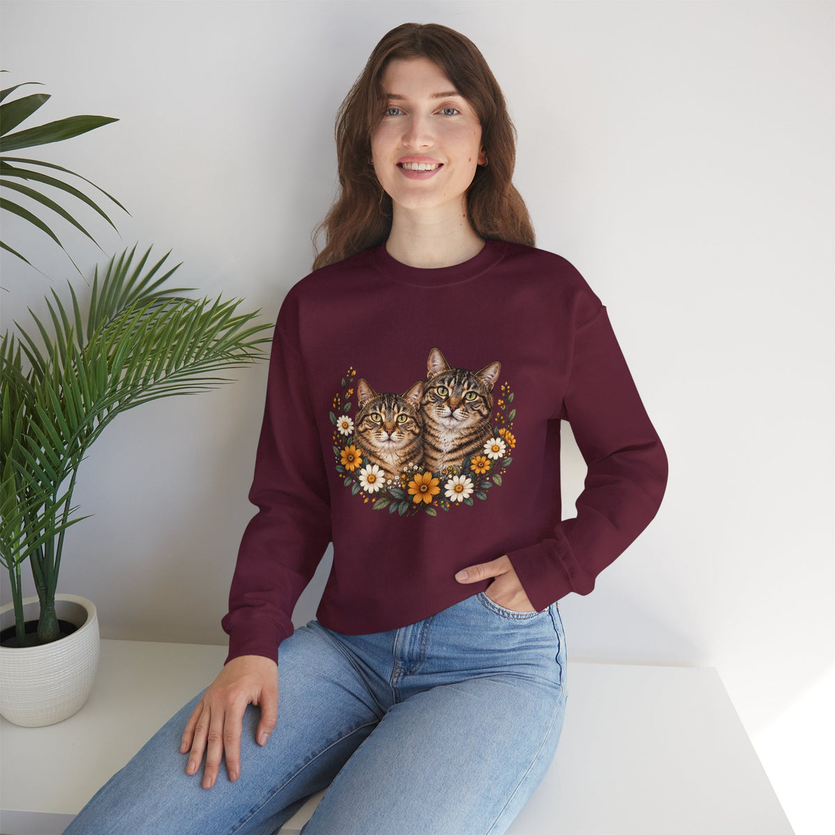 Maroon cat lover sweatshirt with two tabby cats and orange and white flowers