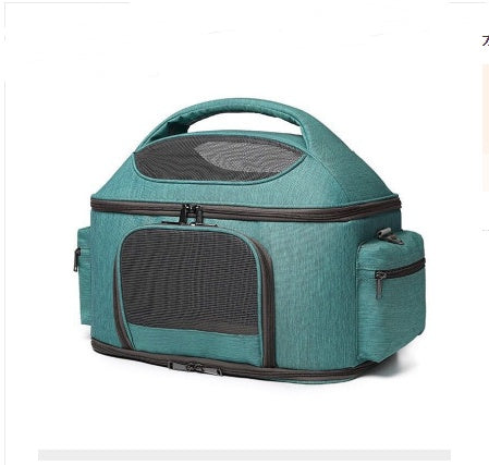 Teal pet carrier with black accents on a white background
