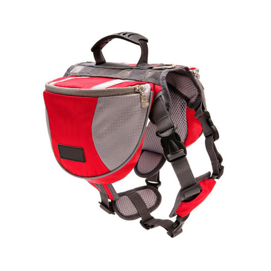 Red and gray dog harness with a bag on a white background