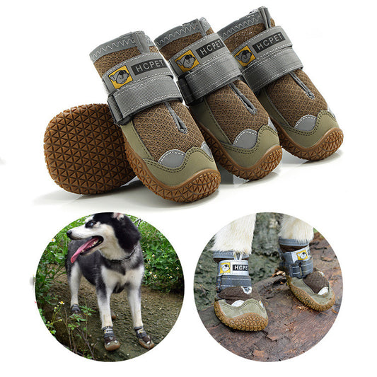 Dog boots with gray straps and brown soles, shown on a white background with insets of a dog wearing them outdoors.