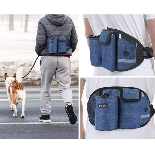 Blue waist bag with multiple pockets worn by a person walking a dog, with close-up shots of the bag.