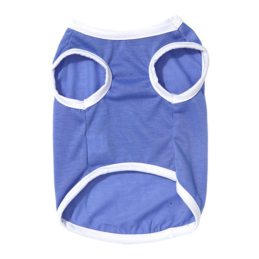 Blue pet shirt with white trim on a white background