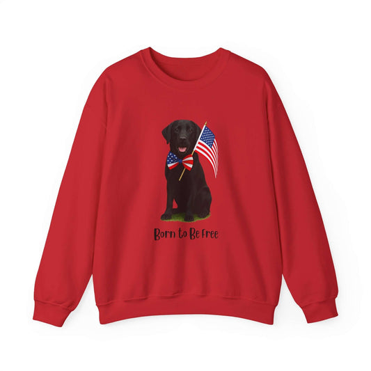 Born to Be Free Dog Lover Crewneck Sweatshirt featuring a happy dog with flags, perfect pet accessory for patriotic celebrations.