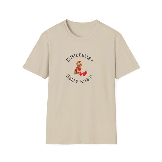Goldendoodle Dog Lover Workout Tee – “Belly Rubs or Dumbbells?” featuring cute dog design for fitness lovers.
