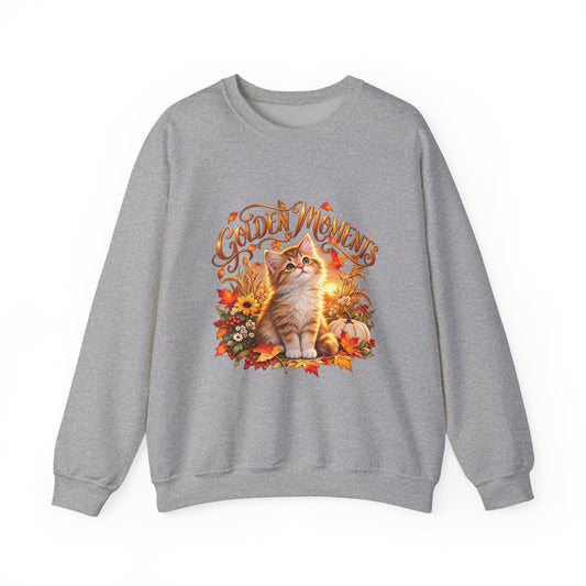 Sport Grey Golden Moments kitten sweatshirt with autumn leaves, wildflowers and pumpkin artwork