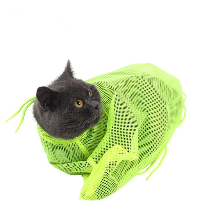 Cat peeking out from a green mesh bag on a white background