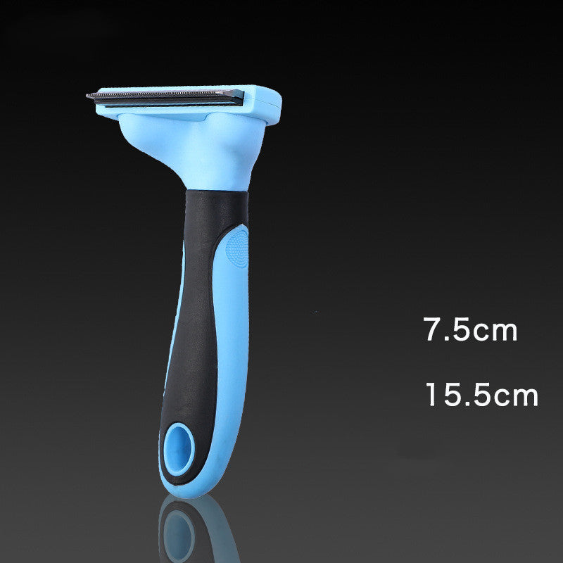 Blue and black pet grooming tool with measurements on a dark background