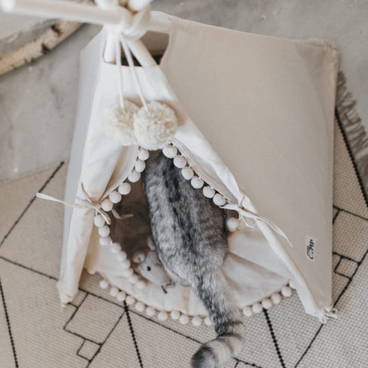 Small animal inside a decorative teepee with pom-pom details on a patterned surface