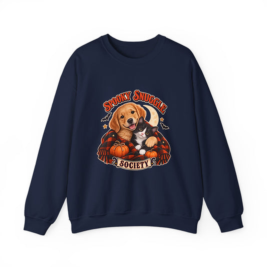 Spooky Snuggle Society Halloween puppy and kitten sweatshirt in navy