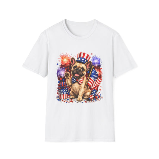 White t-shirt with a dog graphic featuring American flags and fireworks on a white background