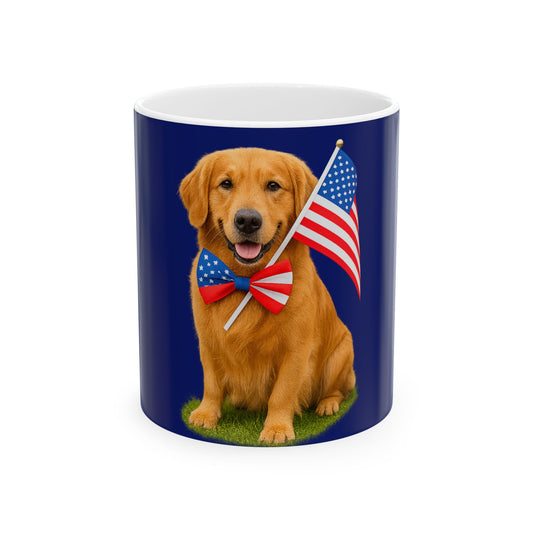 Mug with a golden retriever holding an American flag on a blue background
