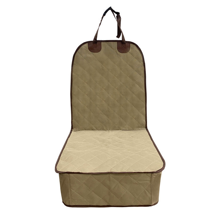 Beige car seat cover with brown trim on a white background