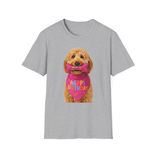 Gray t-shirt with a dog wearing a pink 'Happy Birthday' bandana on a white background
