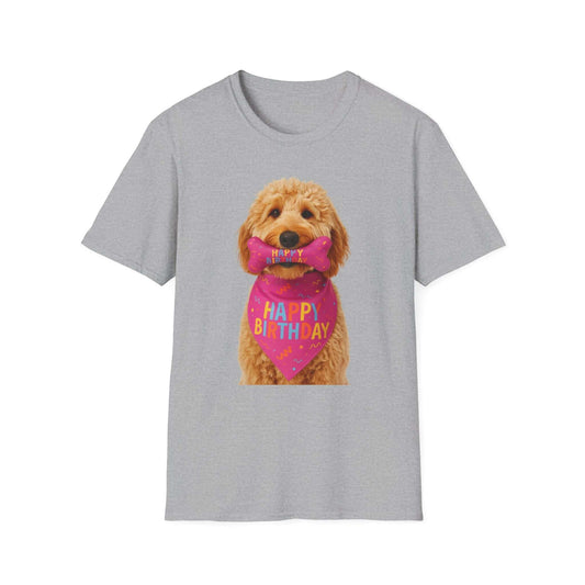 Birthday Dog T-Shirt featuring a happy doodle dog wearing a birthday bandana, ideal pet supplies for dogs.