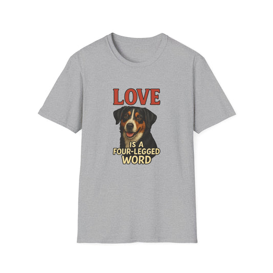 Gray t-shirt with a dog graphic and text on a white background