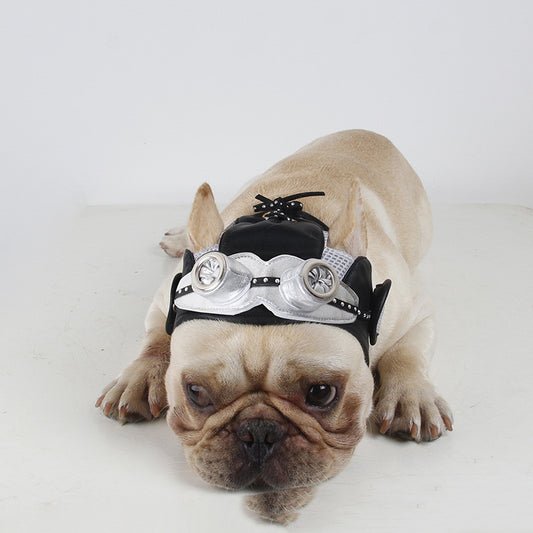 Dog wearing a steampunk-themed headband with goggles on a white background