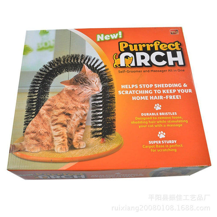 Purrfect Arch cat grooming tool packaging with a cat on an orange background