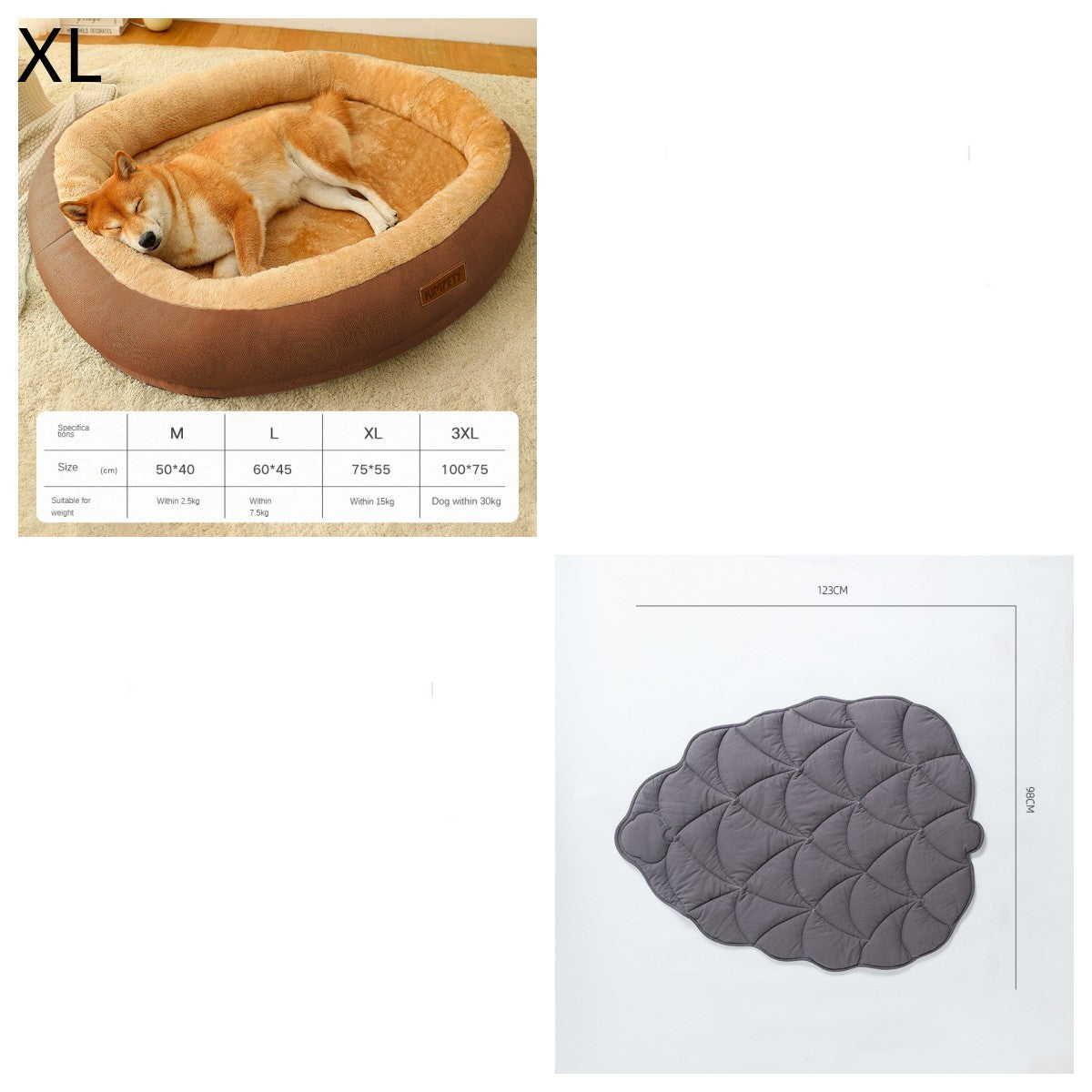 Dog lying in a brown pet bed with size chart, gray pet mat on a white background