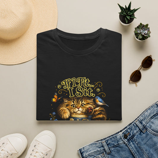 A folded black graphic T-shirt is shown in a styled flat lay on a light beige surface. The shirt features a colorful illustration of a cat sitting in a bowl with the text 'If I Fit, I Sit'.