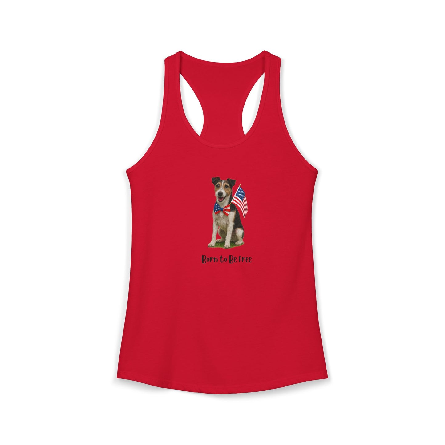 Red tank top with a dog graphic and text on a white background