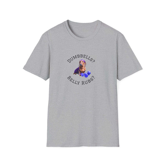 Dumbbells or Belly Rubs Dachshund Funny T-Shirt featuring a playful dog design, perfect for pet lovers and fitness enthusiasts.