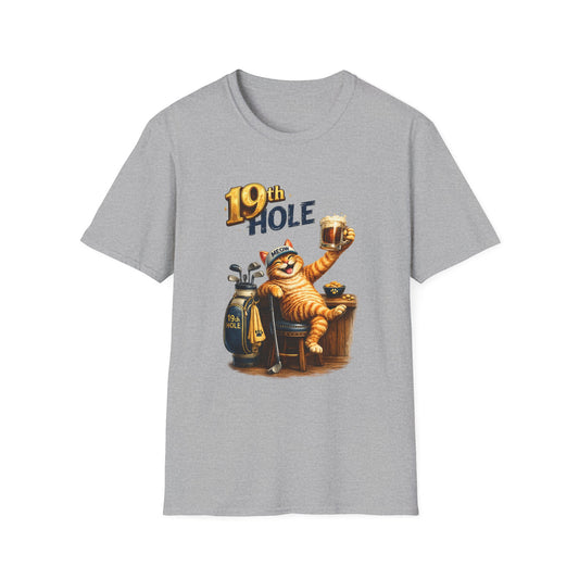 19th Hole funny cat golf T-shirt in sport grey with orange tabby golfer