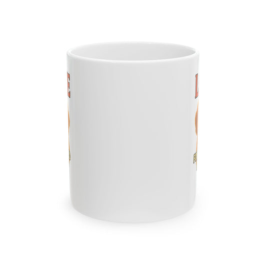 White mug with a small design on a white background