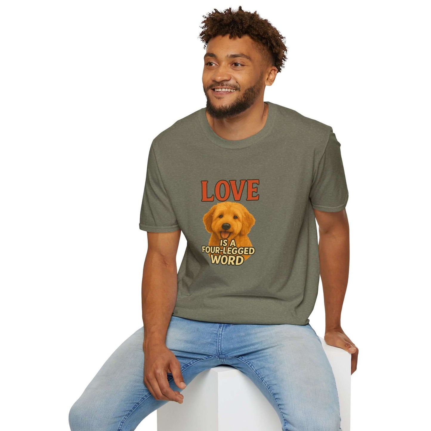 Goldendoodle Tee: "Love Is a Four-Legged Word" for dog lovers. Cute shirt featuring a Goldendoodle pup.