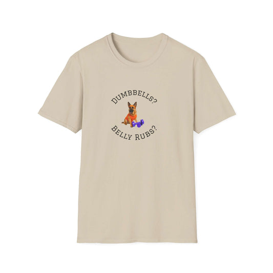 German Shepard Dog Lover Workout Tee –“Belly Rubs or Dumbbells?” showcasing a cute pup and weights design.