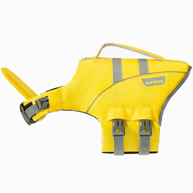 Yellow dog life jacket with gray straps on a white background