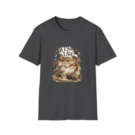 A dark gray crewneck t-shirt featuring a vintage-style graphic of a fluffy brown tabby cat sitting inside a floral teacup with the text 'If I Fit... I Sit' written above it.