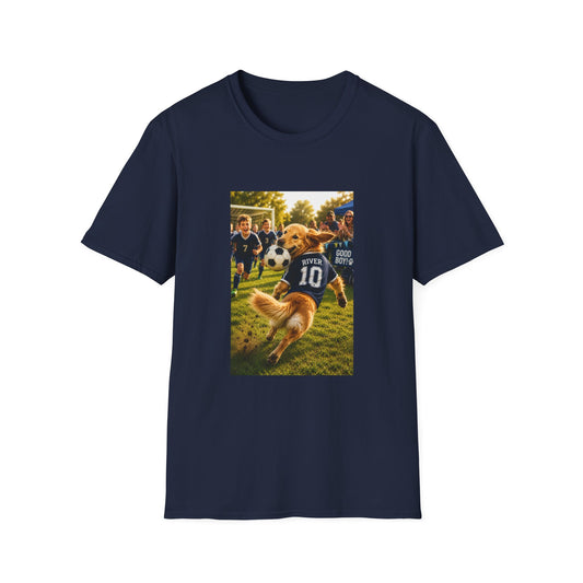 A black short-sleeve crewneck t-shirt featuring a rectangular graphic print on the front. The graphic depicts a golden retriever dog running in a soccer game, wearing a blue jersey with the number 10.