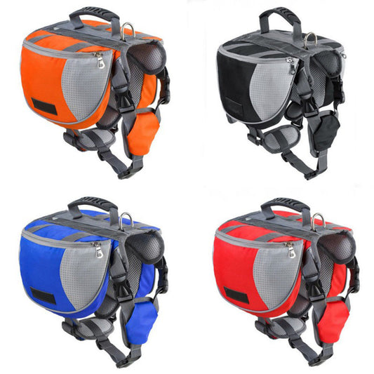 Four saddle bags in orange, black, blue, and red on a white background